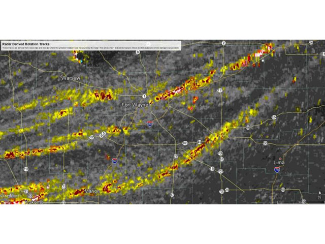This satellite/radar composite shows the tracks of storms that moved across Indiana Wednesday afternoon and evening. (Graphic courtesy of the Ft. Wayne, Indiana, National Weather Service office)